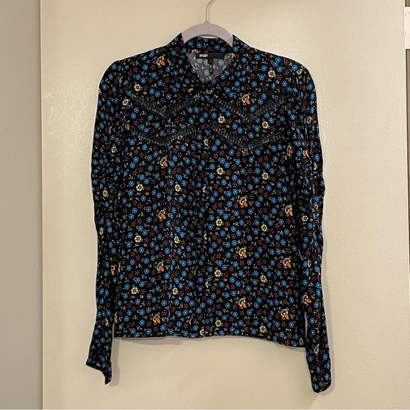MAJE NWOT Catila Floral Print Crepe Shirt in Black - Picture 4 of 9
